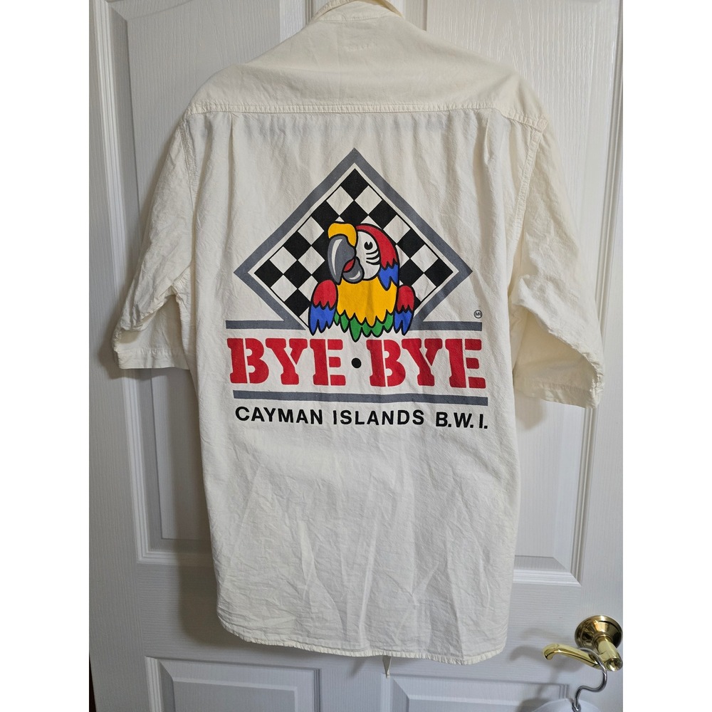 Vintage Bye-Bye Cayman Islands Parrot Graphic White Button Up Shirt XL /0553